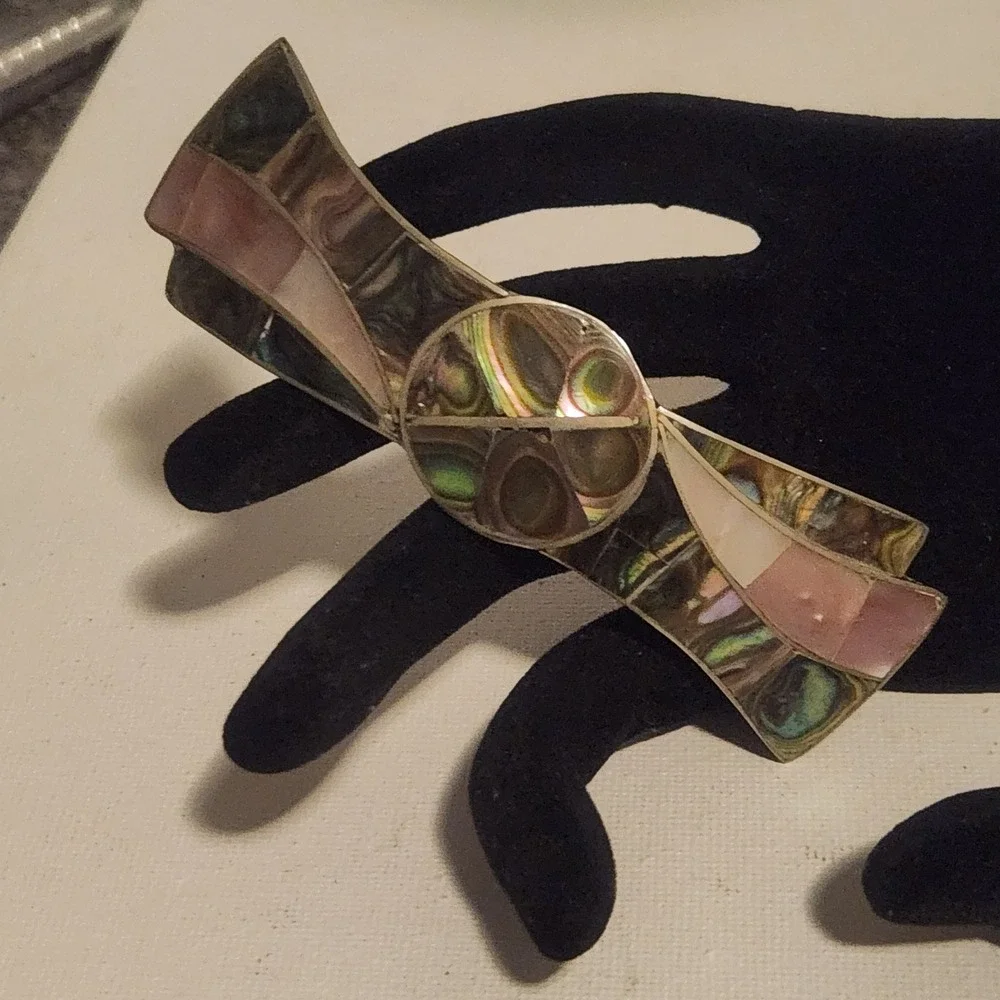 Vintage Alpaca Mexico Abalone Mother of Pearl Inlay Bow Hair Barrette Clip 3.5in